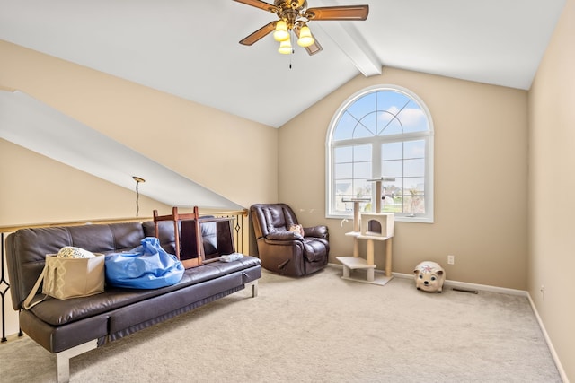 living area with carpet, a ceiling fan, baseboards, vaulted ceiling with beams, and visible vents