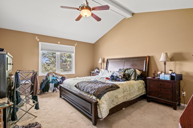bedroom with carpet flooring, ceiling fan, and vaulted ceiling with beams