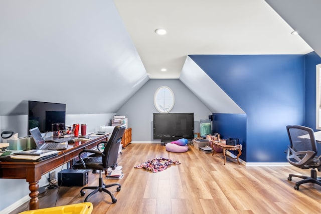 office area with recessed lighting, baseboards, vaulted ceiling, and wood finished floors