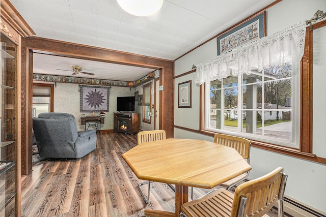 dining area featuring baseboards, ceiling fan, plenty of natural light, and wood finished floors