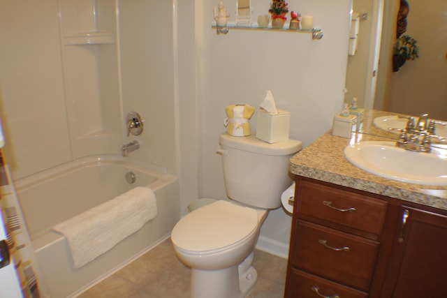 full bath with toilet, bathing tub / shower combination, tile patterned flooring, and vanity