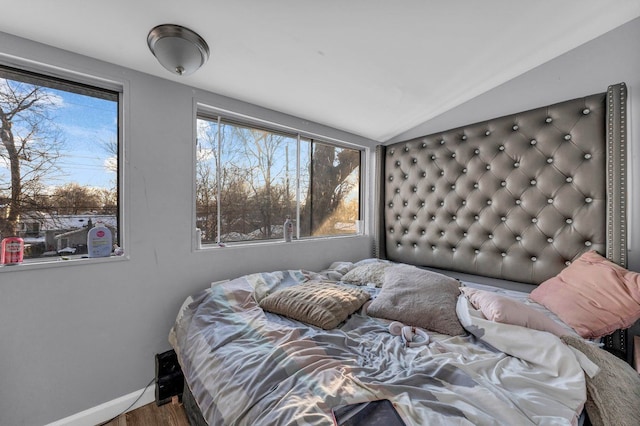 bedroom with baseboards, lofted ceiling, and wood finished floors