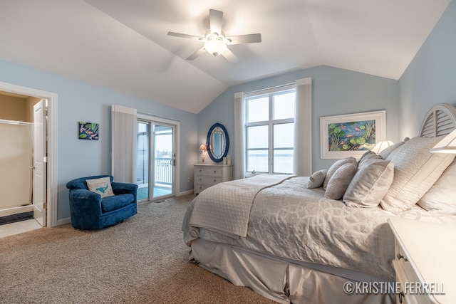 bedroom featuring access to exterior, baseboards, a ceiling fan, carpet, and vaulted ceiling