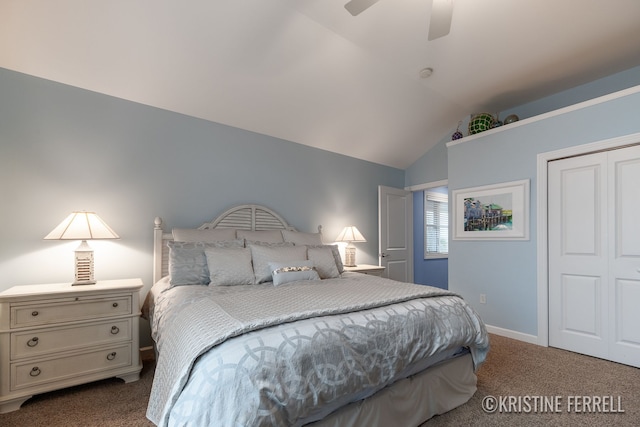 carpeted bedroom featuring a closet, baseboards, ceiling fan, and vaulted ceiling