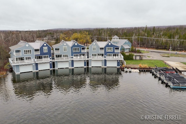 bird's eye view with a water view and a forest view