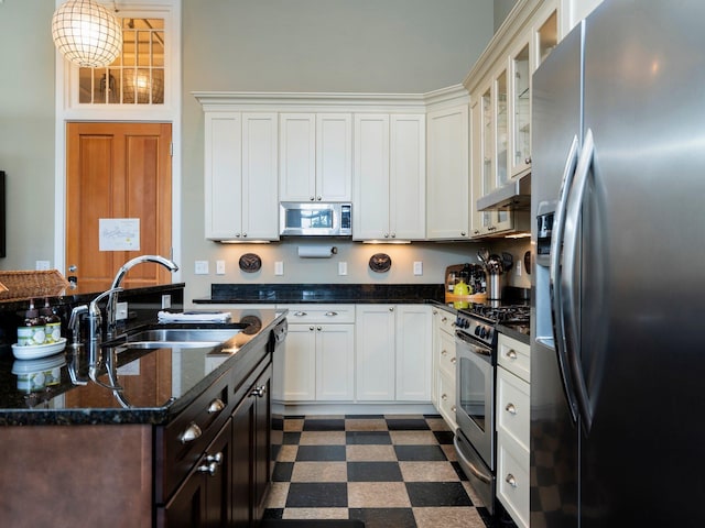 800-204 Cottageview Dr, Traverse City, MI 49684 - kitchen featuring white cabinets, appliances with stainless steel finishes, a sink, dark floors, and glass insert cabinets
