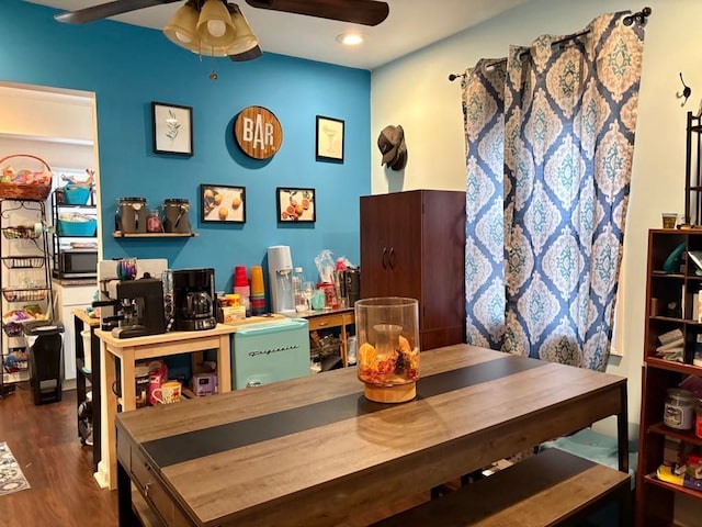 dining space featuring recessed lighting, ceiling fan, and wood finished floors