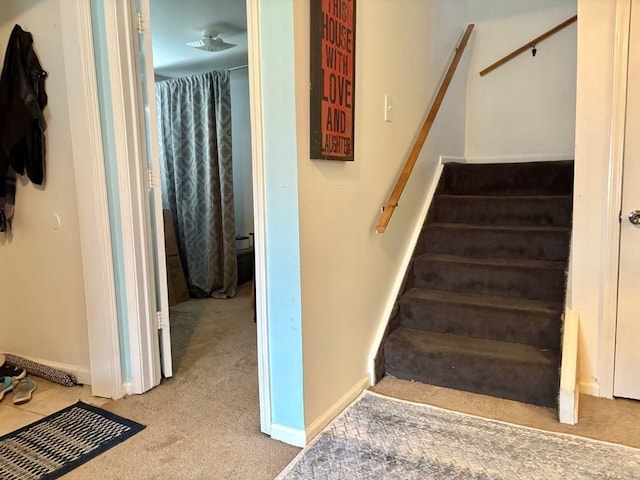 stairway with carpet floors and baseboards