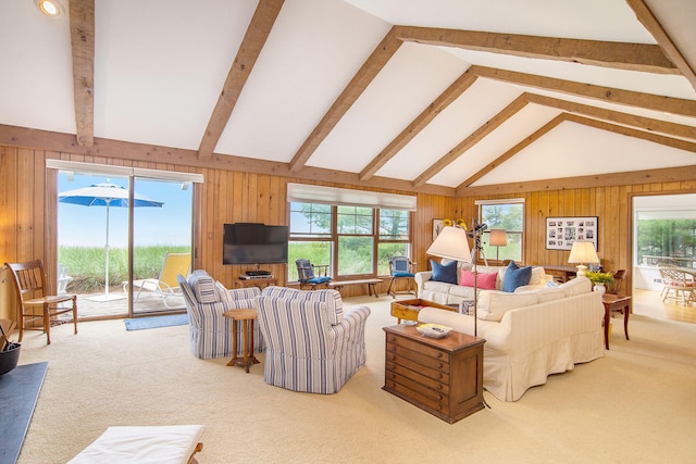living room featuring a healthy amount of sunlight, lofted ceiling with beams, and wood walls