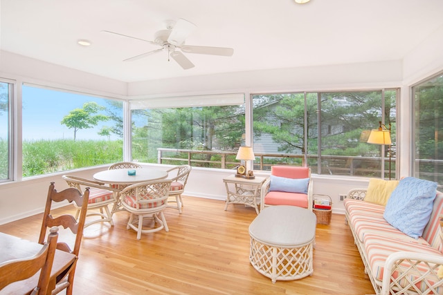 sunroom featuring baseboards, recessed lighting, and wood finished floors
