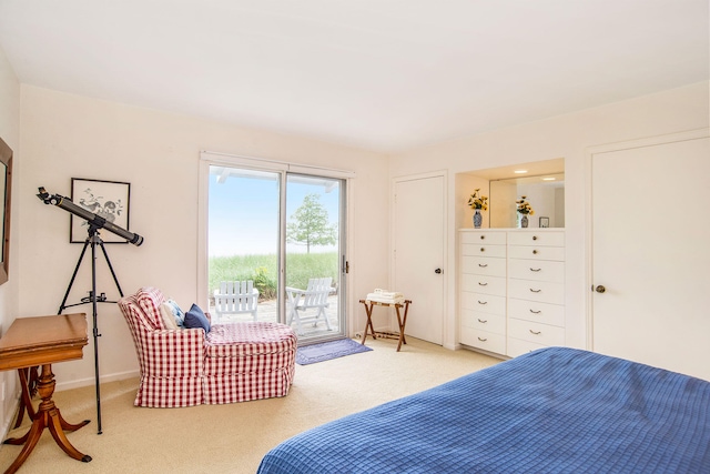 bedroom with light carpet and access to exterior