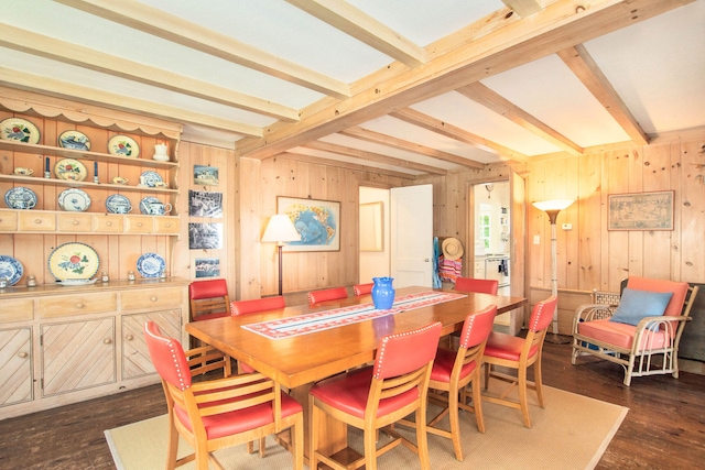 dining area featuring dark wood-style flooring, beam ceiling, and wooden walls