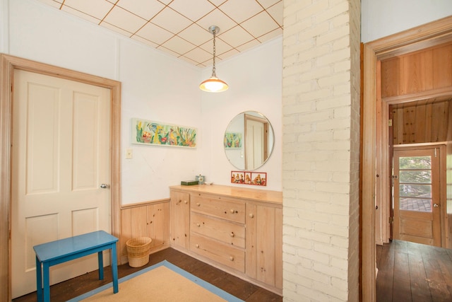 hall with dark wood finished floors, a wainscoted wall, and wood walls