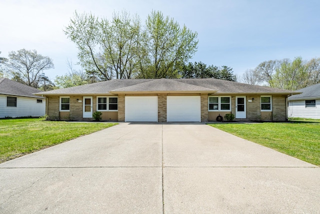 single story home featuring concrete driveway, an attached garage, a shingled roof, and a front yard
