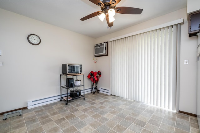 interior space featuring an AC wall unit, a ceiling fan, baseboards, a baseboard radiator, and a baseboard heating unit
