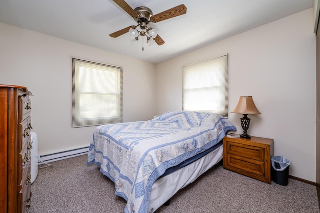 bedroom featuring carpet flooring, ceiling fan, and a baseboard heating unit