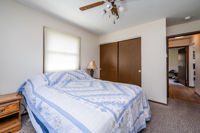bedroom featuring a closet, carpet, and ceiling fan