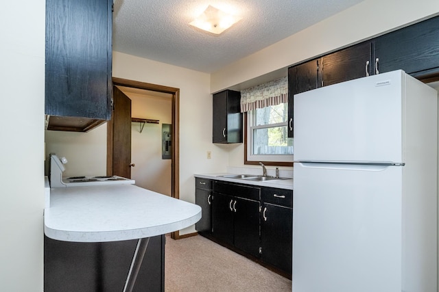 kitchen with a textured ceiling, light countertops, a sink, freestanding refrigerator, and light carpet