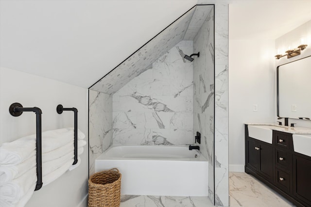 full bathroom featuring vanity, baseboards, bathing tub / shower combination, and marble finish floor