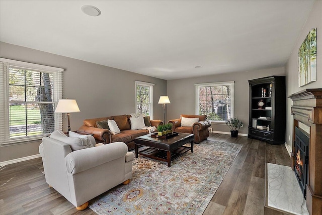 living room featuring baseboards, dark wood-style flooring, and a fireplace