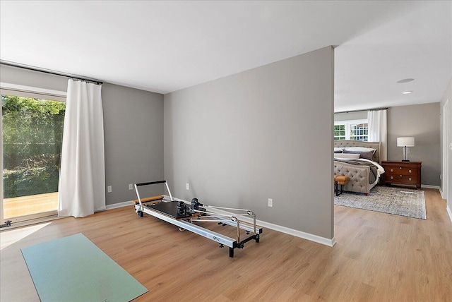 workout area featuring baseboards and light wood-type flooring
