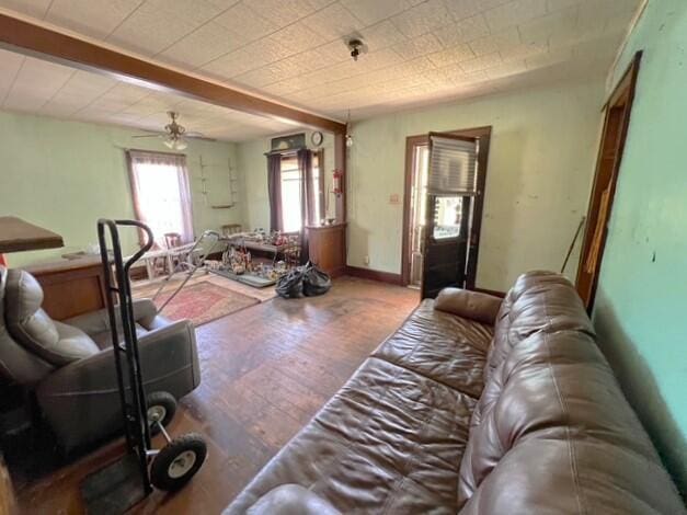 living area with ceiling fan and hardwood / wood-style flooring