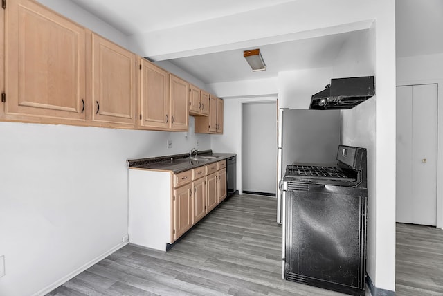 kitchen with light brown cabinetry, light wood-type flooring, dishwasher, ventilation hood, and range with gas stovetop