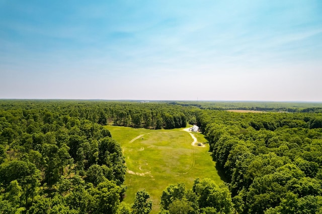 bird's eye view featuring a wooded view