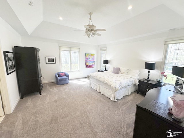 bedroom with baseboards, multiple windows, light carpet, and a tray ceiling