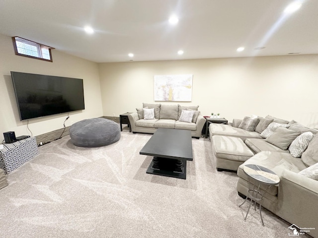 living room with carpet floors and recessed lighting