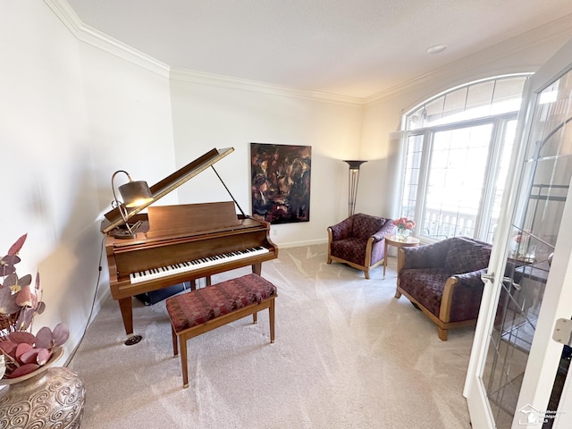 living area featuring carpet flooring, baseboards, and ornamental molding