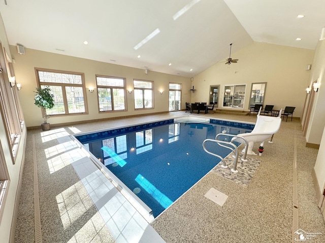 indoor pool with ceiling fan