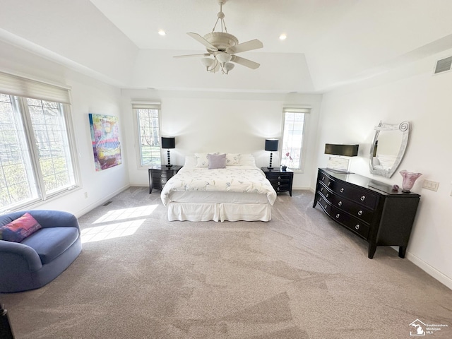 bedroom featuring carpet floors, baseboards, a tray ceiling, and multiple windows