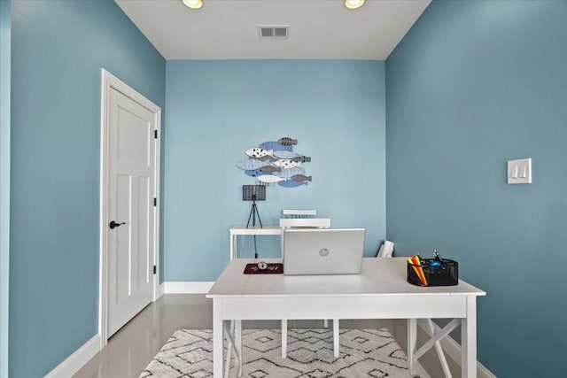 office area with recessed lighting, baseboards, and visible vents
