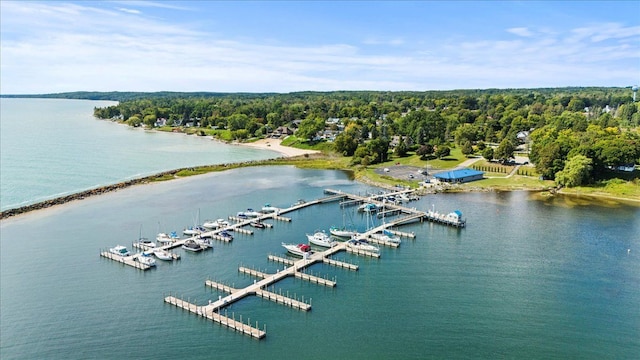 birds eye view of property with a water view and a wooded view