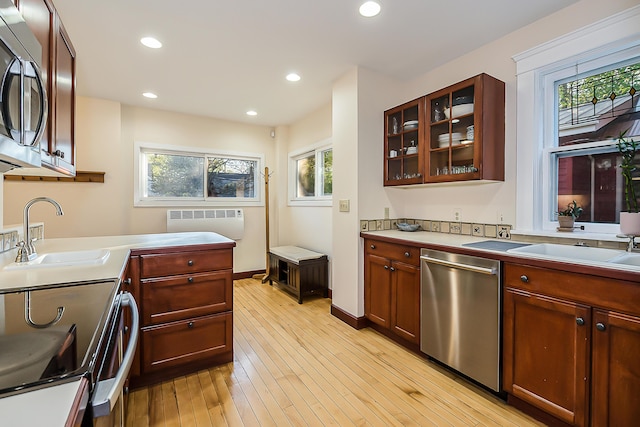 kitchen with glass insert cabinets, light countertops, a sink, light wood finished floors, and stainless steel appliances