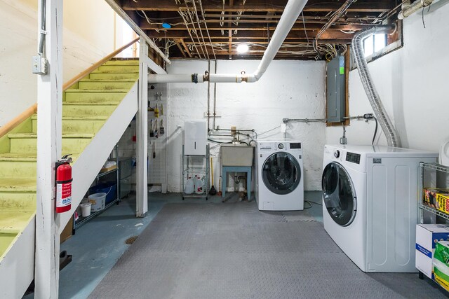 washroom featuring washer and dryer, laundry area, and electric panel