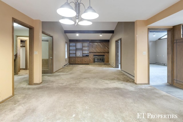 unfurnished living room with baseboards, light carpet, a baseboard radiator, and a fireplace