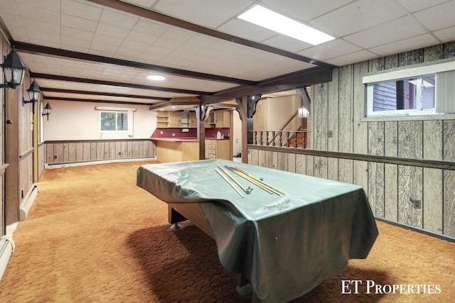 recreation room featuring carpet floors, billiards, a baseboard radiator, and wooden walls