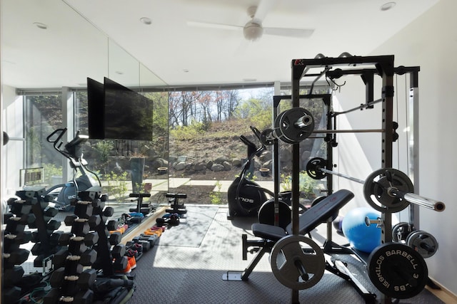 workout room with a ceiling fan