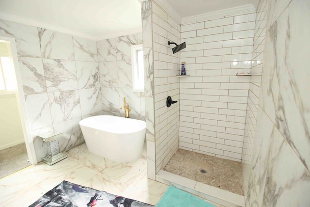 17150 Santa Barbara Dr, Detroit, MI 48221 - bathroom featuring crown molding, tiled shower, and a freestanding tub