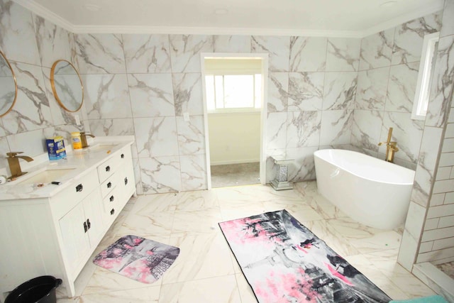 17150 Santa Barbara Dr, Detroit, MI 48221 - full bathroom featuring crown molding, a soaking tub, tile walls, marble finish floors, and double vanity