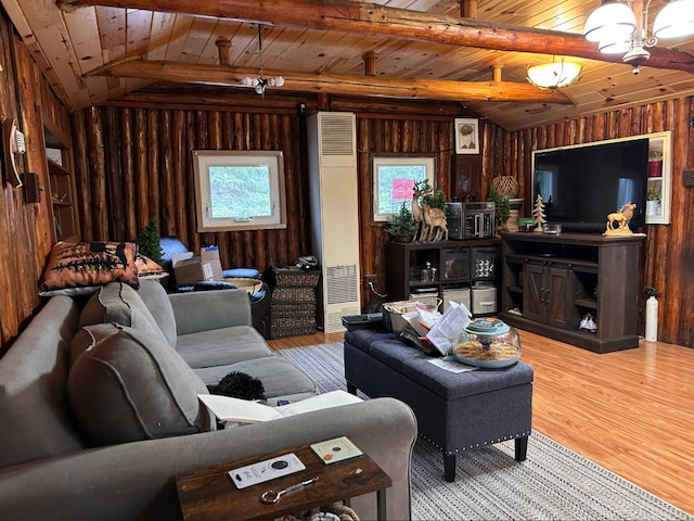 living room featuring lofted ceiling with beams, wooden ceiling, light wood-style flooring, wooden walls, and a heating unit