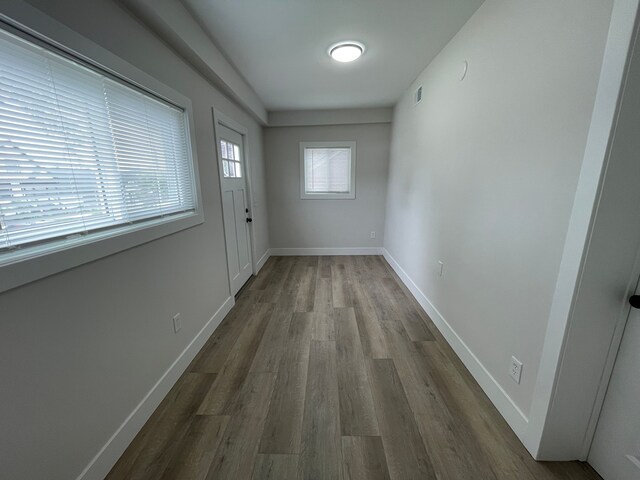171 Davis St, Wyandotte, MI 48192 - doorway to outside featuring dark wood-style flooring and baseboards
