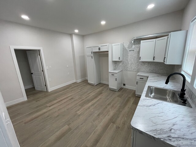 171 Davis St, Wyandotte, MI 48192 - kitchen featuring a sink, wood finished floors, white cabinets, recessed lighting, and decorative backsplash