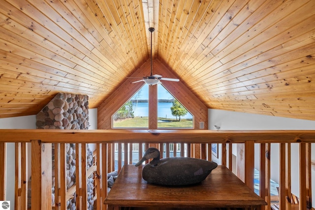 room details with wooden ceiling, ceiling fan, and a water view