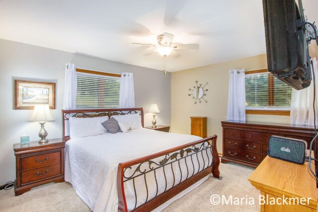 bedroom featuring a ceiling fan and light carpet