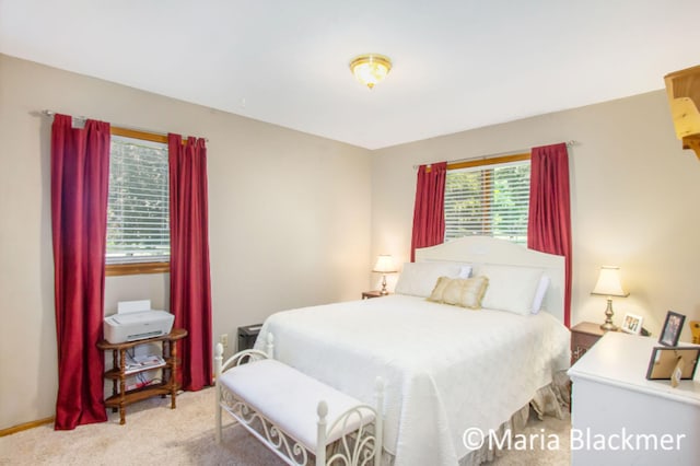 bedroom with light colored carpet