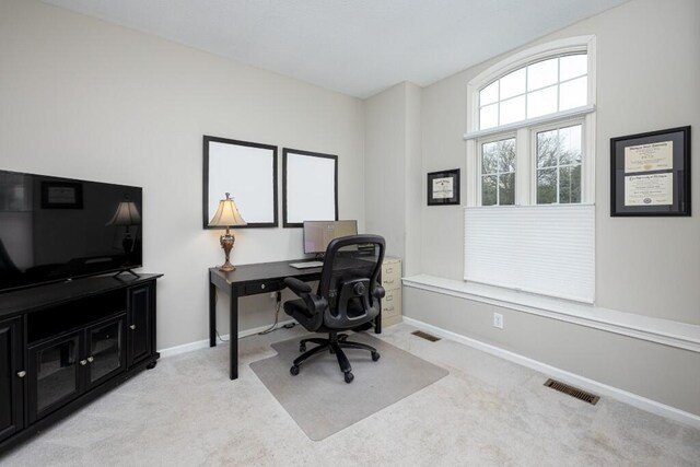 home office with light colored carpet, baseboards, and visible vents