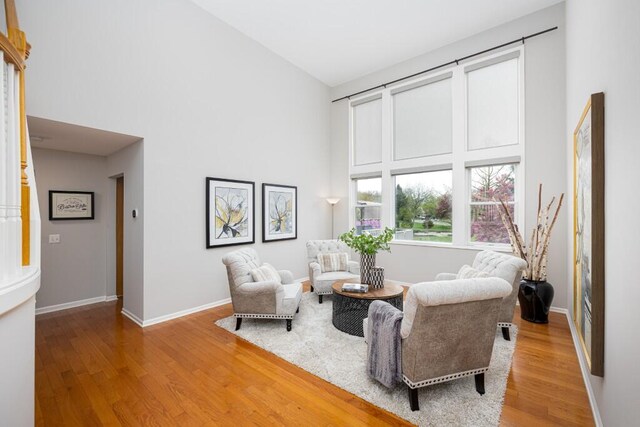 living room featuring baseboards, a high ceiling, and wood finished floors